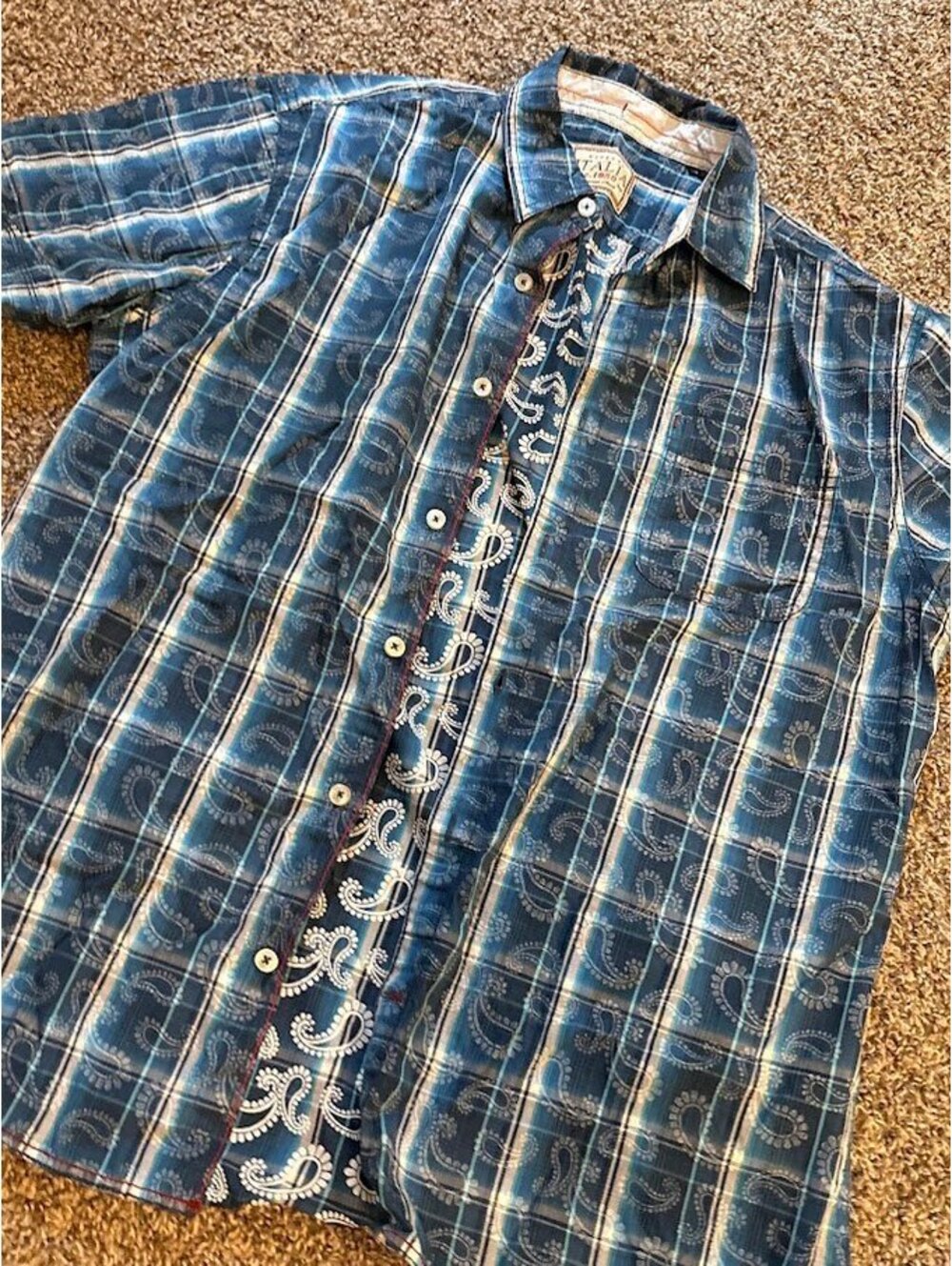 Italia Vintage Blue Paisley Plaid Button-Up Shirt Medium